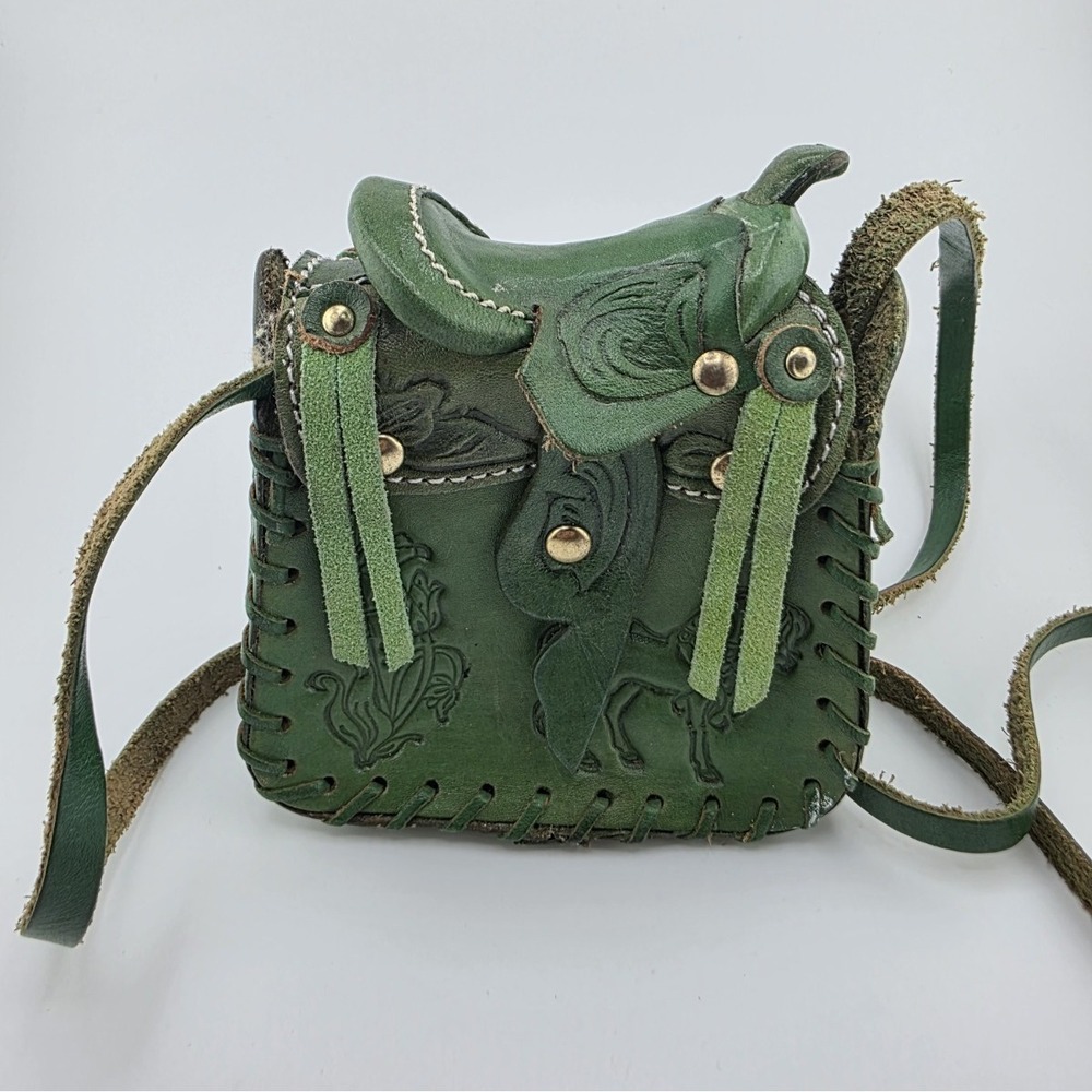 Vintage Mini Western Saddle Leather Purse Green Horse Crossbody Handmade Bag Art